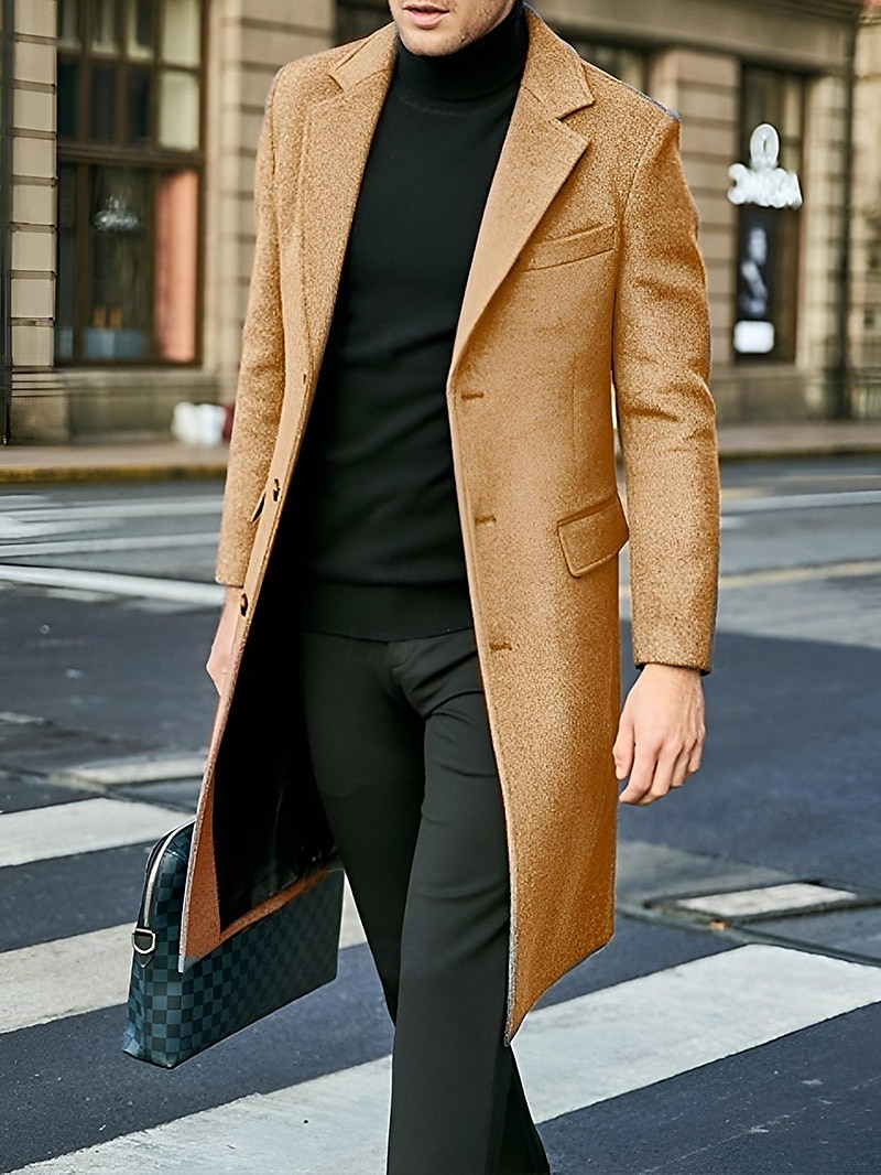 Male Overcoat Coat Trench Coat Daily Wear Buckle Fall & Winter Solid / Plain Color Leisure Lapel Long Camel Black Gray Jacket 2025 - $48.99 –P1