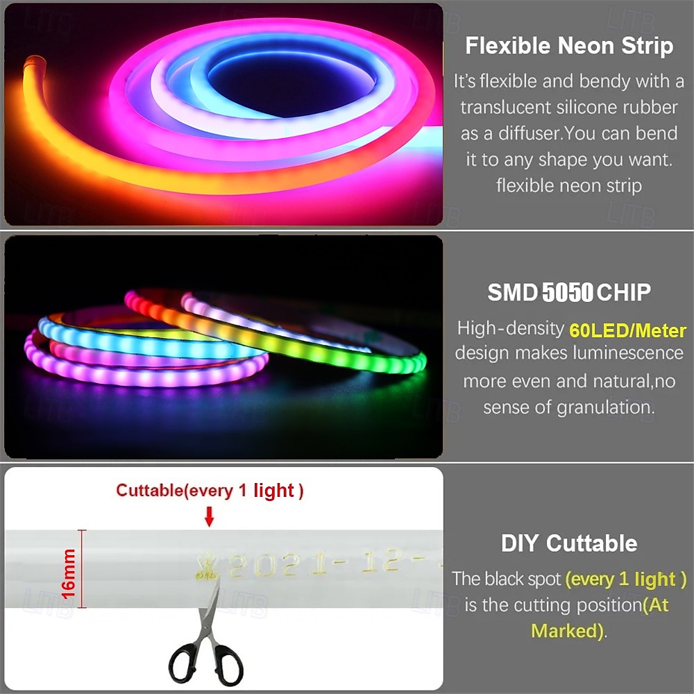 White Silicone Neon LED Light Strip, 16MM 360° Circular, RGB Flexible Dreamy Color Rope Light with 17-Key IR Controller, USB DC5V for Bedroom Indoor/Outdoor Decoration WS2811 2025 - $22.99 –P1