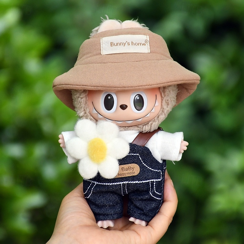 Dockkläder set 7 tum/17 cm ForLabubu mjuk docka kläder hatt topp byxor tillbehör 5-delat set dockklädning hatt jeans byxor röd skjorta (UTAN docka) 2025 - $31.99 –P4