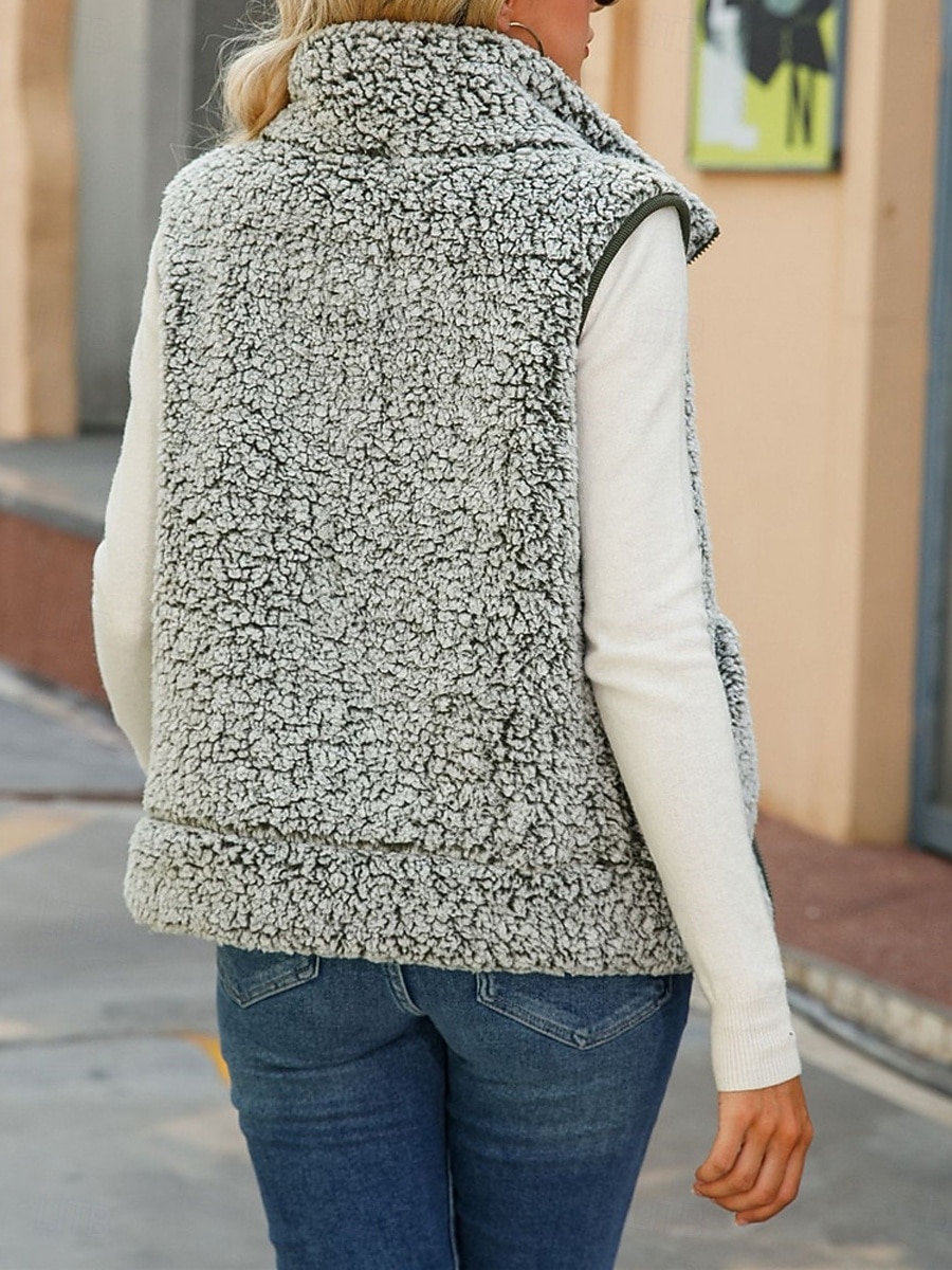 Women's Fleece Jacket Fleece Vest Teddy Coat Warm Breathable Zipper Pocket Fleece Lined Casual Plain Vacation Street Daily Wear Going out Zipper Regular Stand Collar Regular Fit Sleeveless Outerwear 2025 - $34.99 –P2