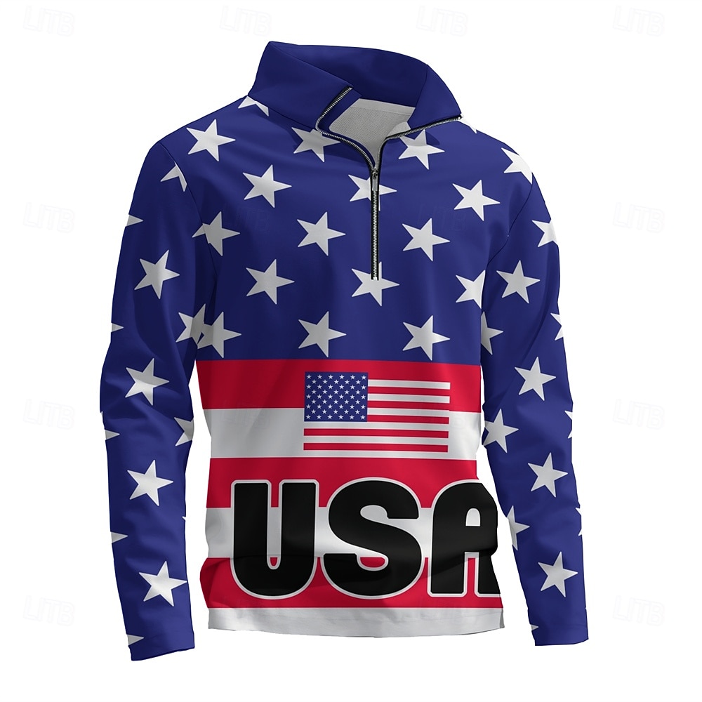 Herr Grafisk Amerikanska amerikanska flaggan Huvtröjor Dagligen Ledigt Långärmad Hög krage Semester Utekväll Streetwear Blå Mönster Vår & Höst Designer 2025 - $29.99 –P4