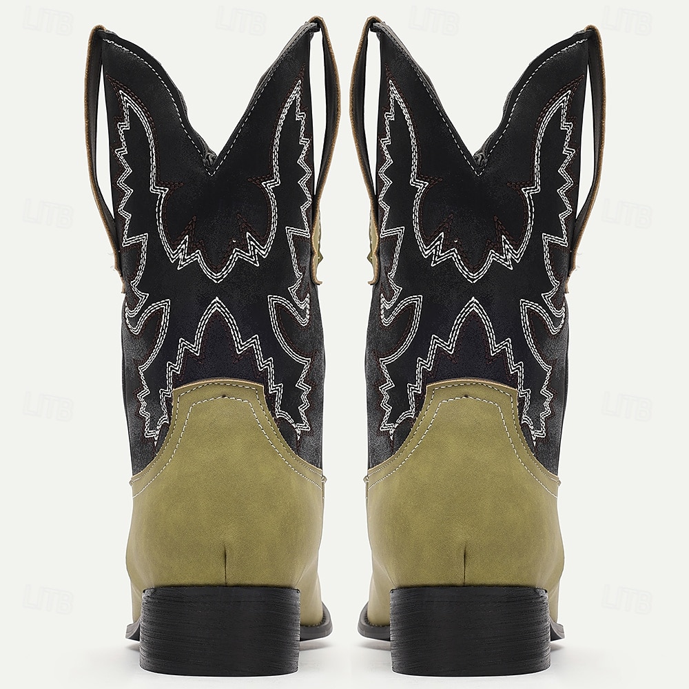 pánské zelenočerné westernové kovbojské boty z umělého semiše s vyšívaným designem - klasické boty ve vintage stylu pro rodeo a outdoorové nošení 2025 - $64.99 –P3