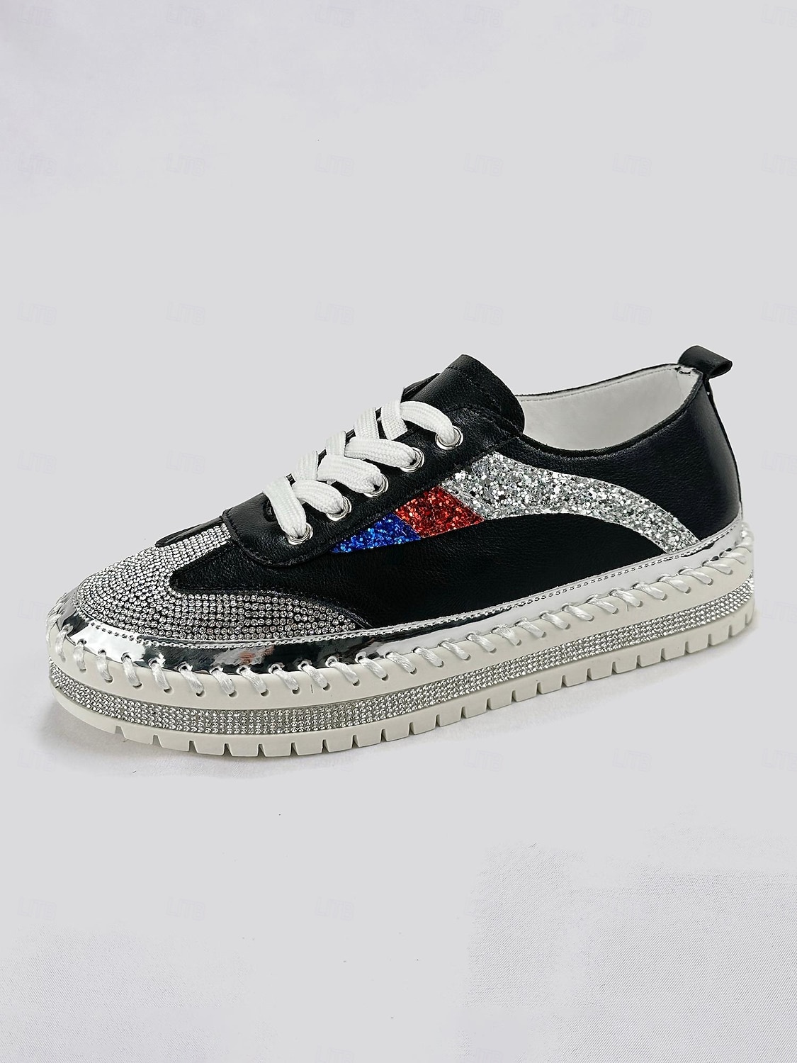 Women's Glitter-Accented Black Lace-Up Sneakers – Rhinestone Embellished, Colorful Casual Athletic Shoes for Fashionable Everyday Wear 2025 - $42.99 –P3
