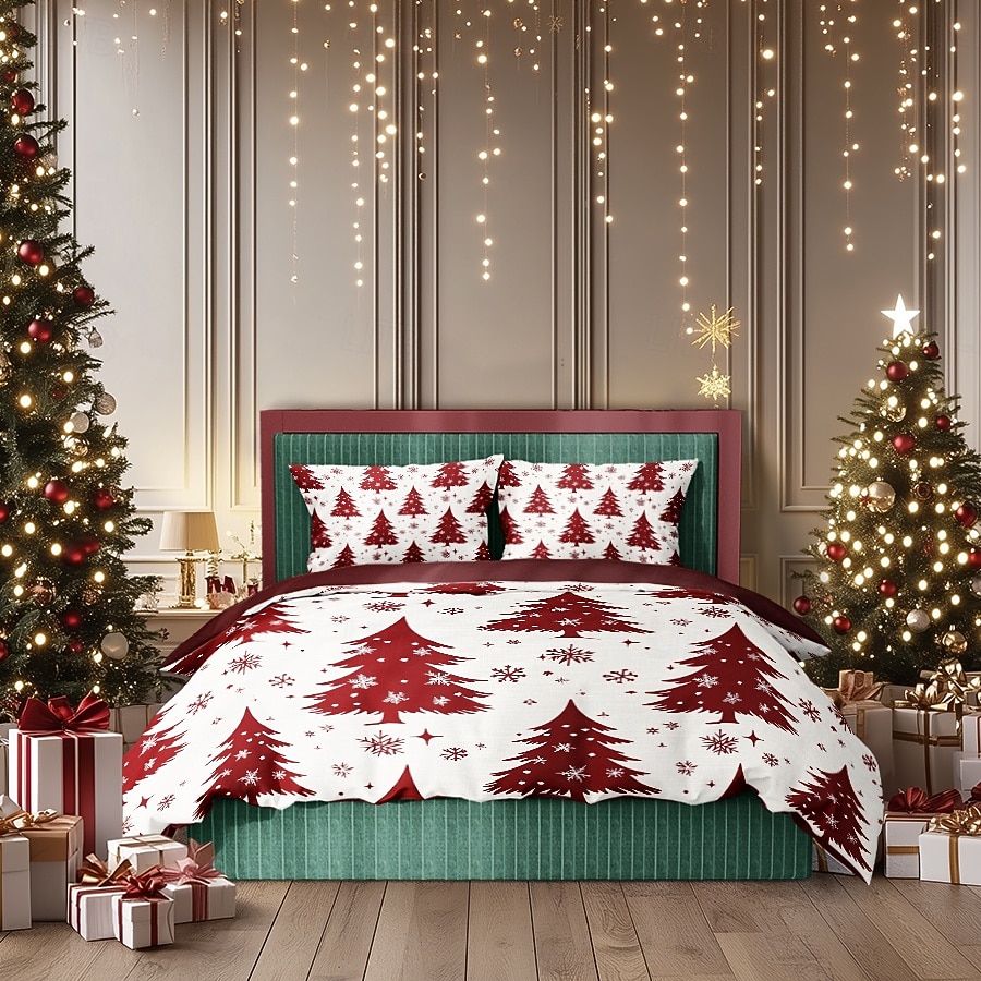 capa de edredom de natal com design de árvore de natal vermelha roupa de cama festiva 100% algodão macio e aconchegante para decoração sazonal de quarto queen king size de 2025 por $69.99 –P5