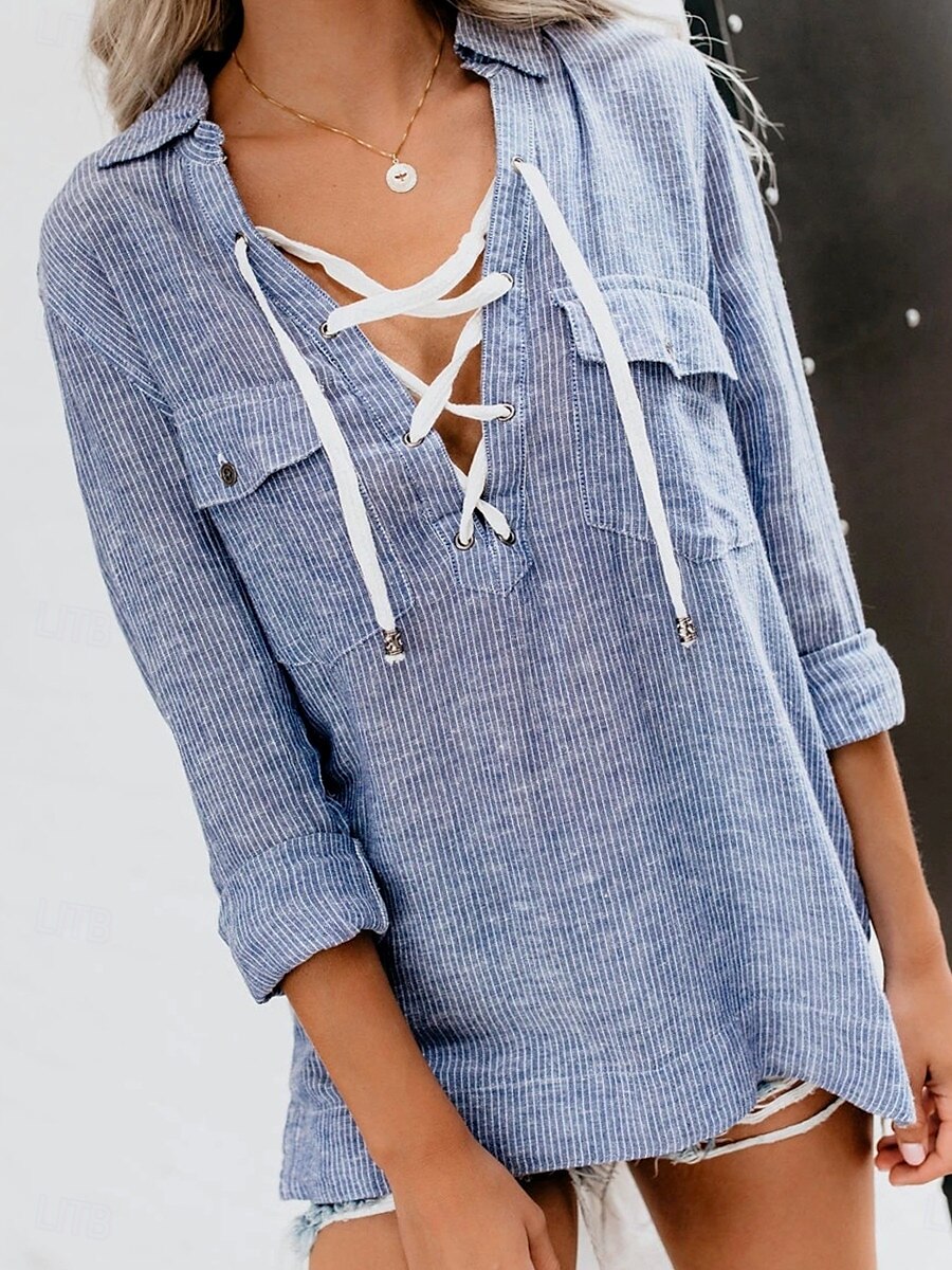 Women's Shirt Blouse Solid Color Casual Long Sleeve Shirt Collar Regular Tops Daily Lace up Pocket Blue Fall 2025 - $29.99 –P1