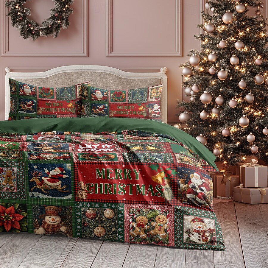 conjunto de capa de edredom de natal estilo vintage patchwork design conjunto de edredom de natal completo inclui capa de edredom e fronhas perfeito para adicionar alegria sazonal e conforto à decoração do seu quarto de 2025 por $69.99 –P5