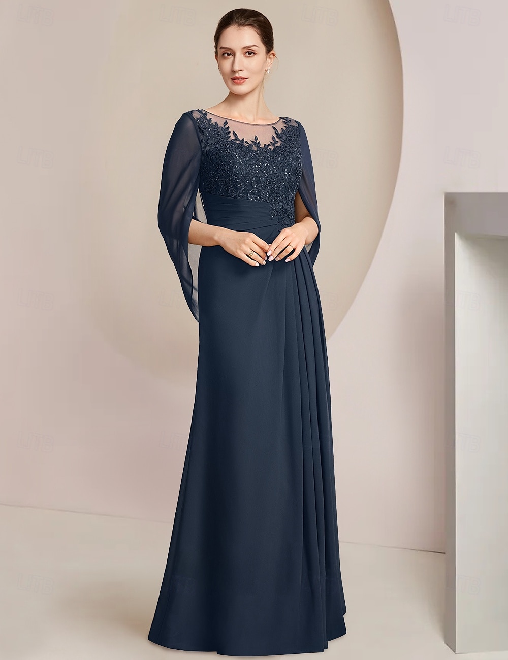 Abito Sheath Madre della Sposa Abito Elegante Collo Gioiello Lunghezza Piena Chiffon Manica Mezza con Pizzo Drappeggiato Laterale a Colore Solido taglia personalizzata gratuita del 2025 a $197.99 –P1
