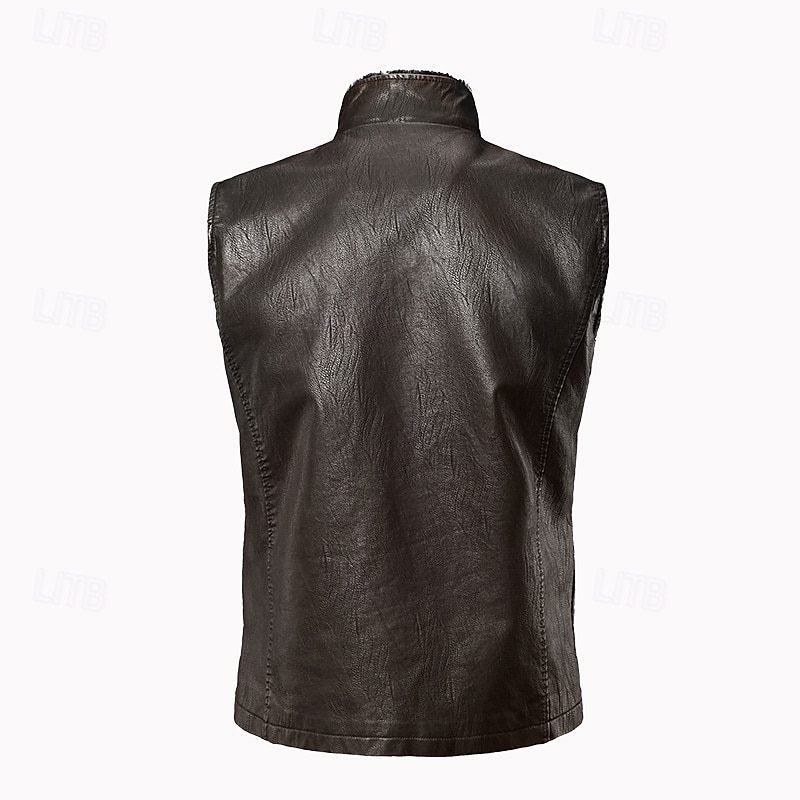 Homens Colete Gilet Casamento Festa / Eventos Diário Moda Negócio Outono & inverno Bolsos Tosão Pele PU Térmico / Quente Tecido Zíper Colarinho Chinês Normal Café Colete de 2025 por $63.99 –P3