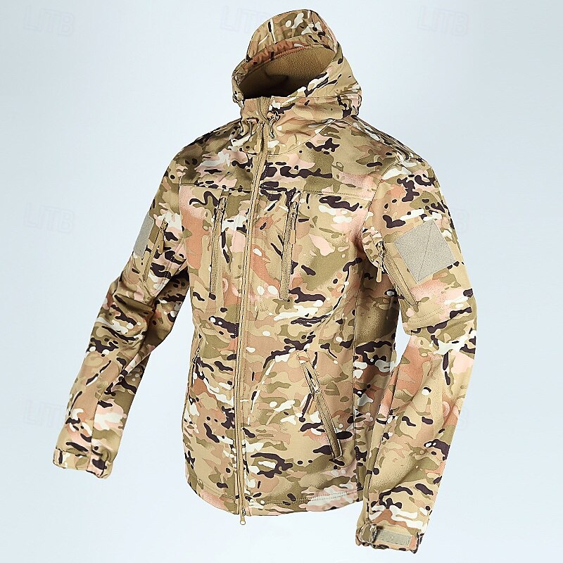 Herren Soft Shell Jacke Hoodie Jacke Wanderjacke Taktische Jacke Täglich Urlaub Windundurchlässig warm halten Tasche Herbst Winter Glatt Modisch Klassisch Mit Kapuze Standard Kamel Schwarz Khaki 2025 - $47.99 –P9