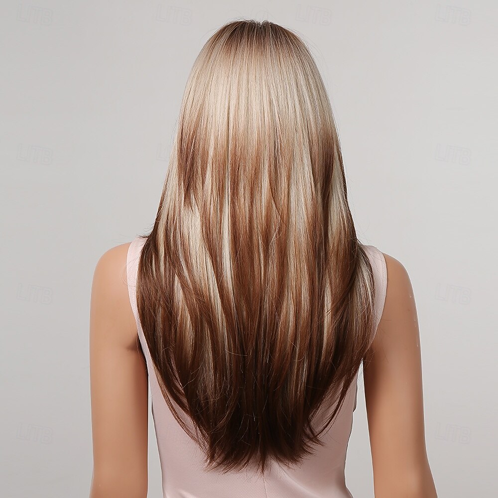 Synthetic Wig Straight kinky Straight Layered Haircut Neat Bang With Bangs Machine Made Wig 22 inch Brown / White Synthetic Hair Women's Cute Cosplay Party Mixed Color 2026 - $29.99 –P7