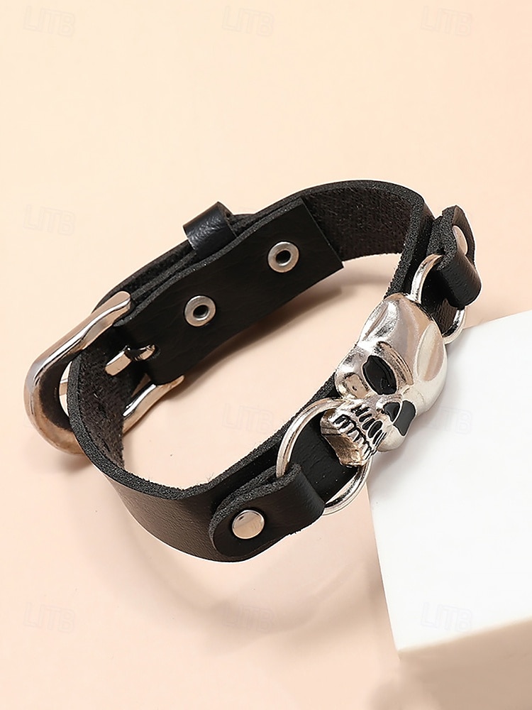 Men's Black Leather Bracelet with Silver Skull Charm – Gothic Punk Adjustable Wristband for Halloween and Biker Style 2025 - $9.99 –P4