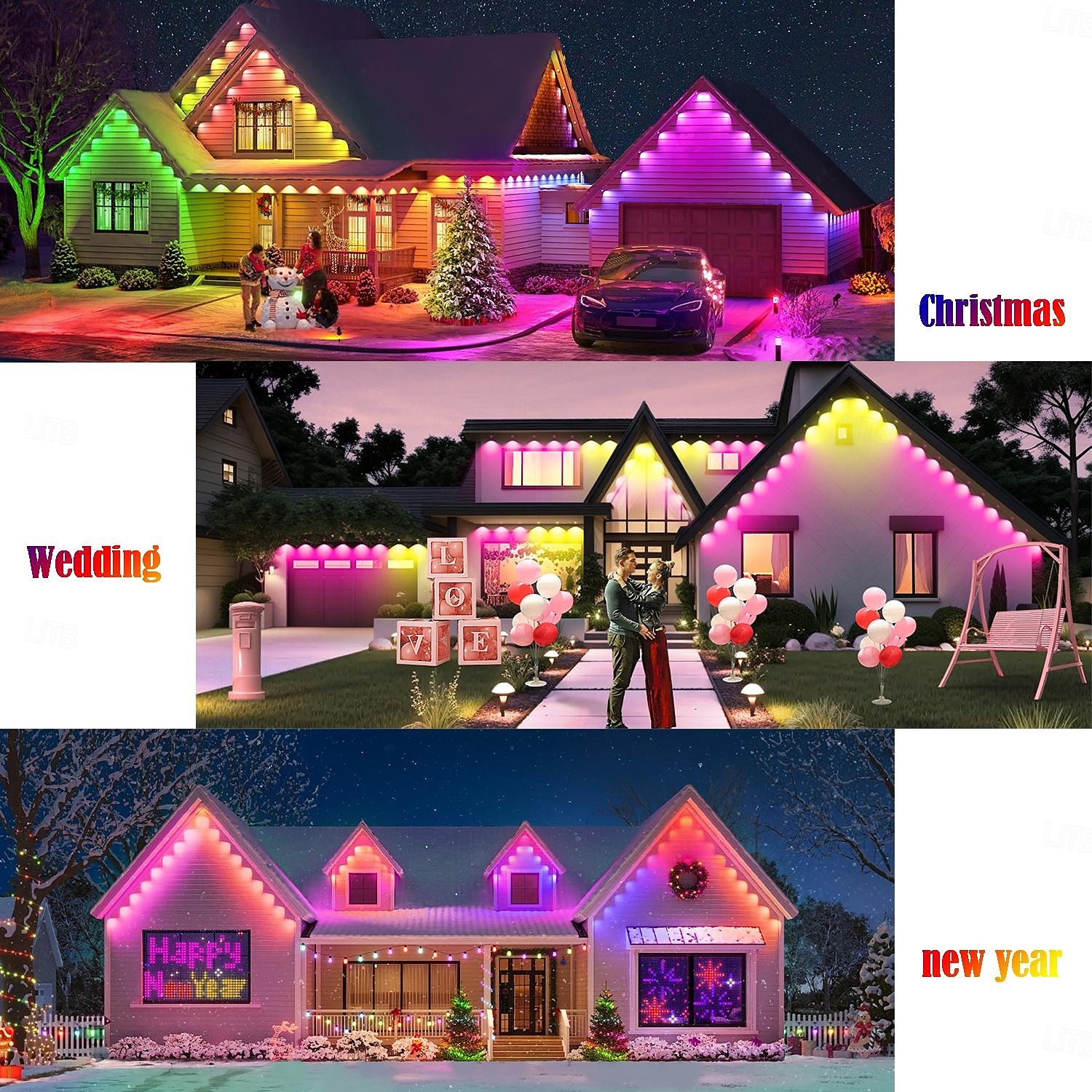 USB-interface zwart permanent dakrandlicht, led-lichtsnoer eeuwigheidsverlichting 49ft 50 leds met bluetooth-app met IR44-toetscontroller RGB-intelligent licht IP65 waterdicht dak kerstvakantie buiten 2025 - $104.99 –P9