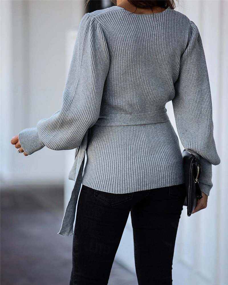 Per donna Felpa Elegante Di tendenza Giornaliero Tinta unica A coste A V Lavorato a maglia Manica a lanterna Manica lunga Top regolari Maglia Ufficio Nero Beige Autunno Inverno del 2025 a $58.99 –P2