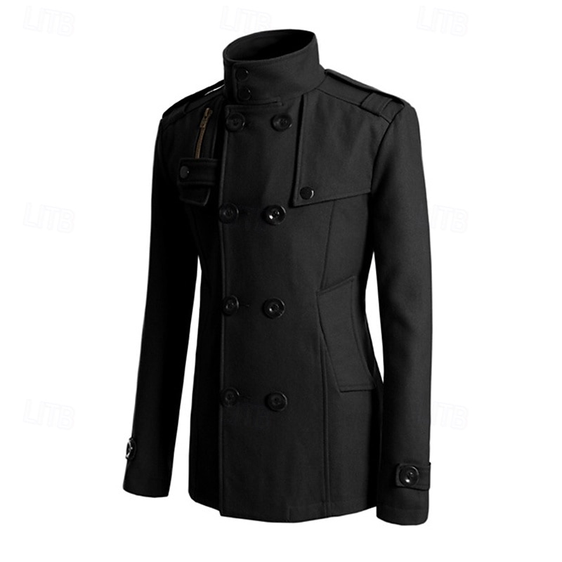 Pánské Polní kabát Peacoat Trenčkot Denní Dovolená Podzim zima Polyester Zahřívací Svrchní oděvy Oblečení Módní Klasické Bez vzoru Kapsy Stojáček Dvouřadé 2025 - $49.99 –P8