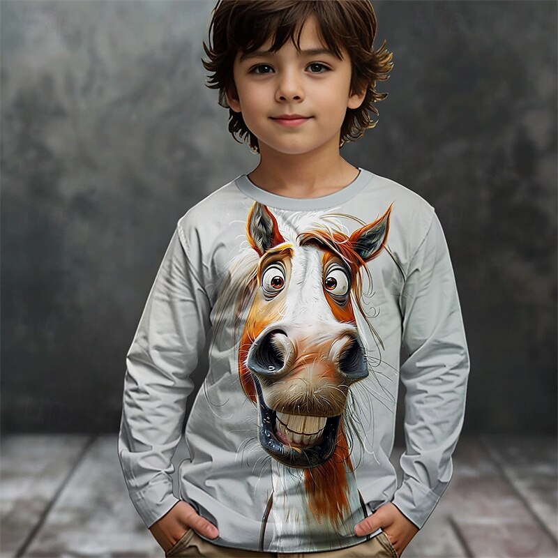 Pojkar 3D Grafisk Djur Häst T-shirt Långärmad Vår Höst Mode Grundläggande Barn 4-12 år Rund hals Utomhus Ledigt Dagligen Normal 2025 - $13.99 –P1