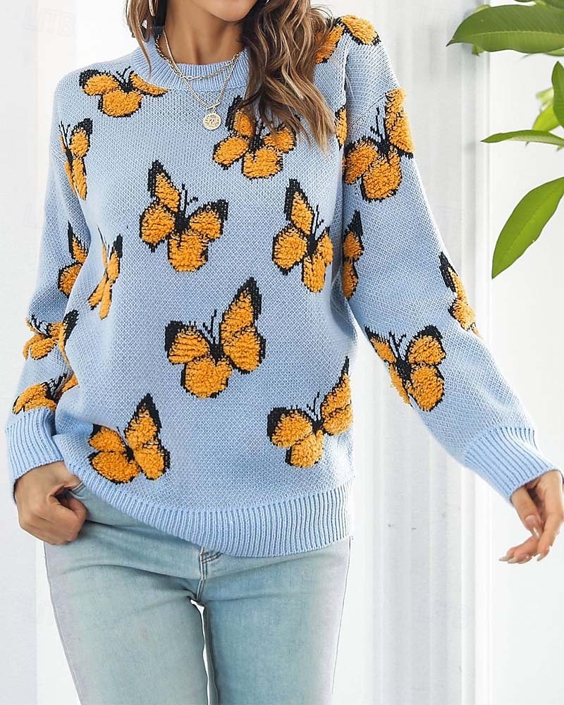 Damen Pullover Modisch Kuschelig Strassenmode Graphic Bedruckt Rundhalsausschnitt Strick Langarm Normale Oberteile Stricken Arbeit Wochenende Blau Orange Herbst Winter 2025 - $56.99 –P6