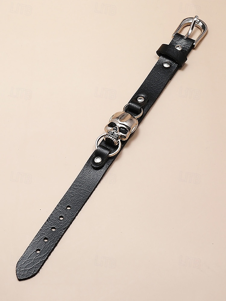 Men's Black Leather Bracelet with Silver Skull Charm – Gothic Punk Adjustable Wristband for Halloween and Biker Style 2025 - $9.99 –P2