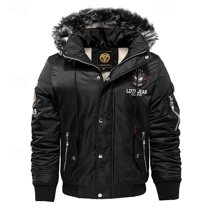 Herre Vinterfrakk Fleece-jakke Parkas Lomme Fleece Polyester Fleecefôr Dagligdagstøy Stevnemøte Feriereise Normal Mote Fritid Bekvem Hold Varm Høst vinter Bokstaver Svart Rød Blå Pufferjakke 2025 - $60.99 –P11