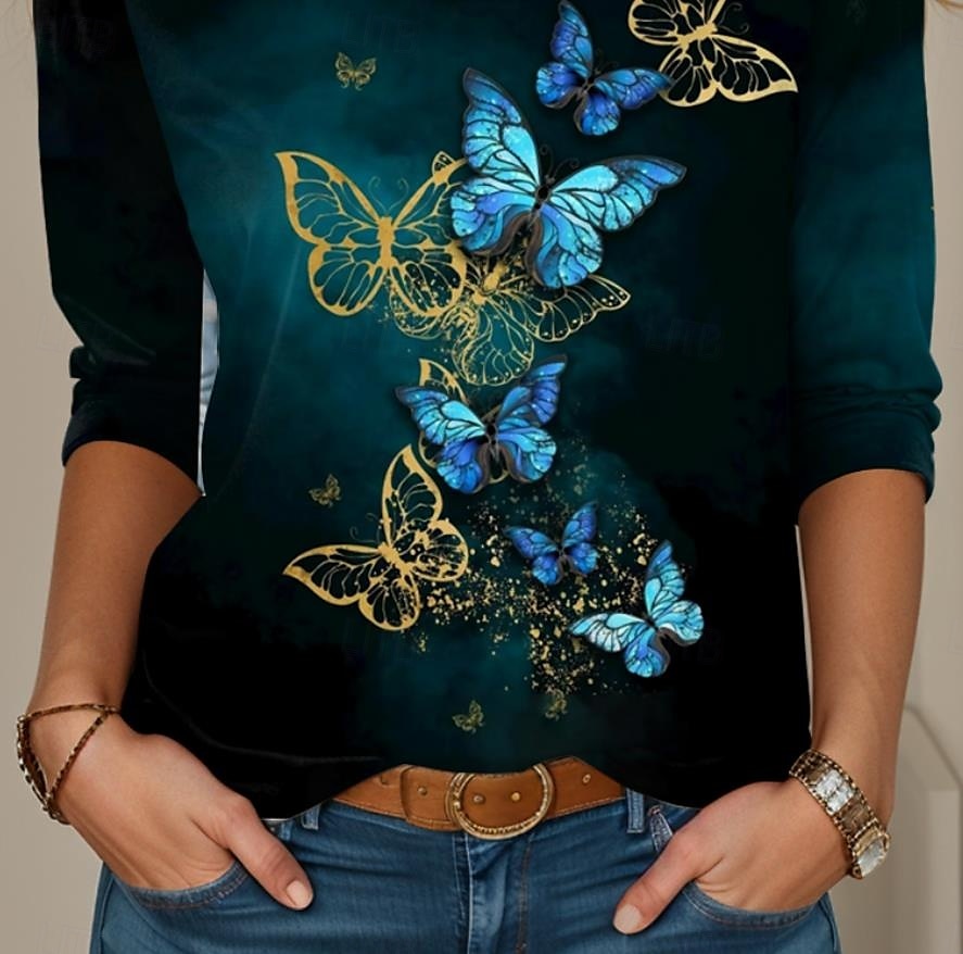 Frauen T-Shirt Langarm Lässig Druck Regelmäßige Oberteile Täglicher Schwarz Frühling Herbst Vorherbst 2026 - $24.99 –P3