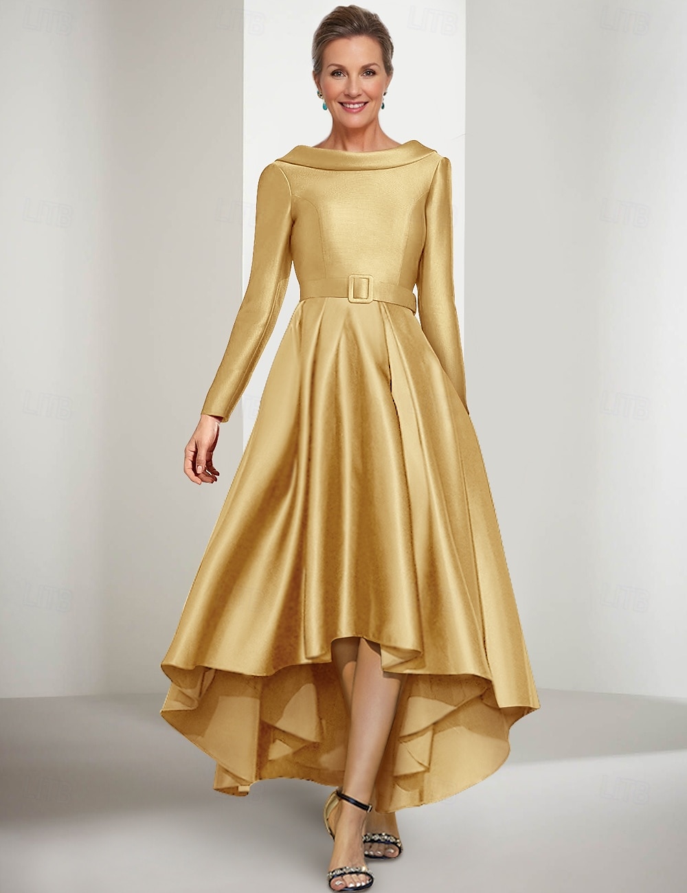 A-Line Mother of the Bride Dress Elegant Jewel Neck Asymmetrical Satin Long Sleeve with Sash / Ribbon 2025 - $142.99 –P1