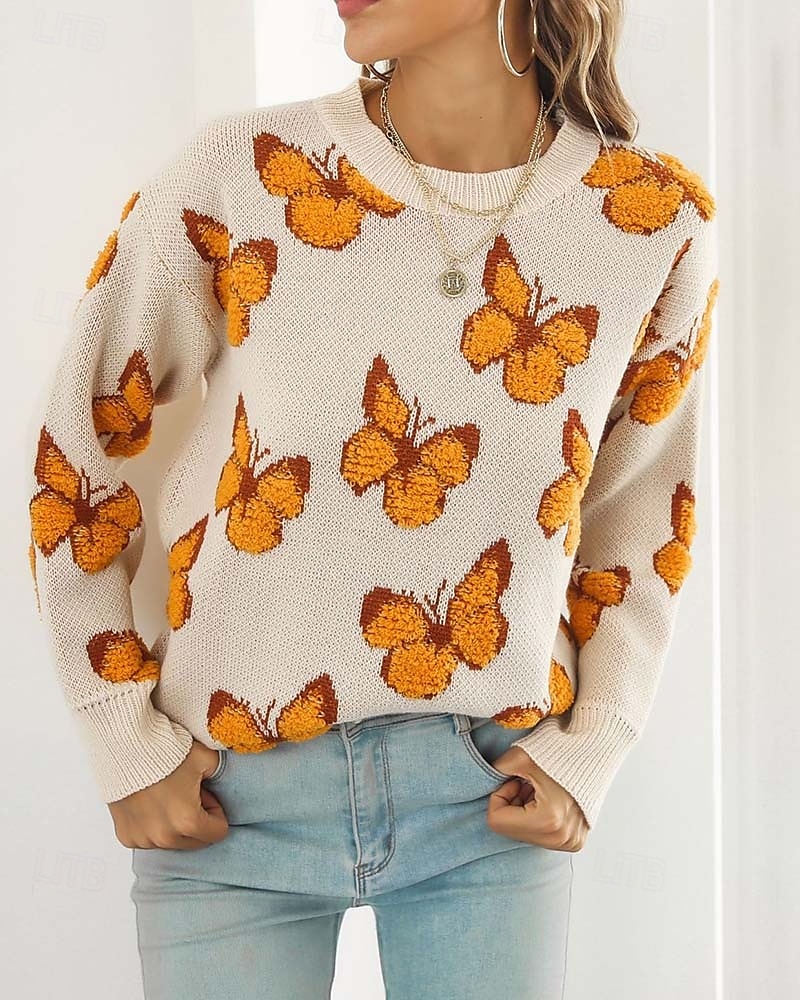 Damen Pullover Modisch Kuschelig Strassenmode Graphic Bedruckt Rundhalsausschnitt Strick Langarm Normale Oberteile Stricken Arbeit Wochenende Blau Orange Herbst Winter 2025 - $56.99 –P8