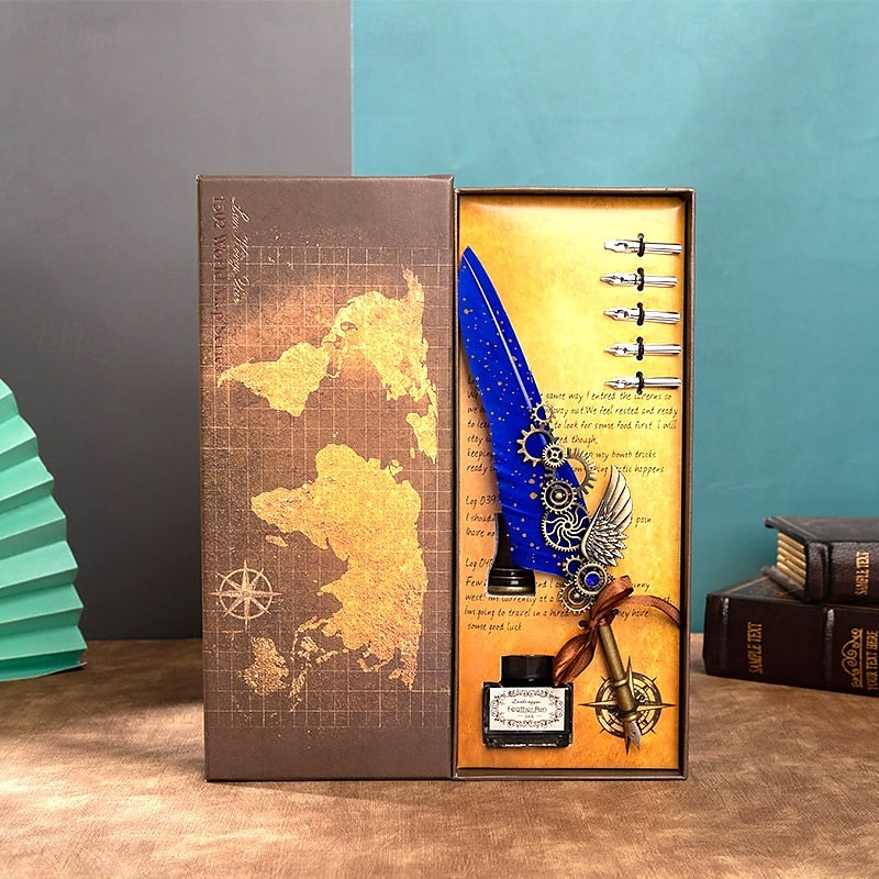 1 Set Geschenkbox, Federkiel, Kalligraphie-Stift und Tintenschreiber-Set, antikes Schreiben, Quilt-Tintenfeder, mechanisches Getriebe, Steampunk-Federkiel zum Zeichnen, Signieren und für 2025 - $28.99 –P4