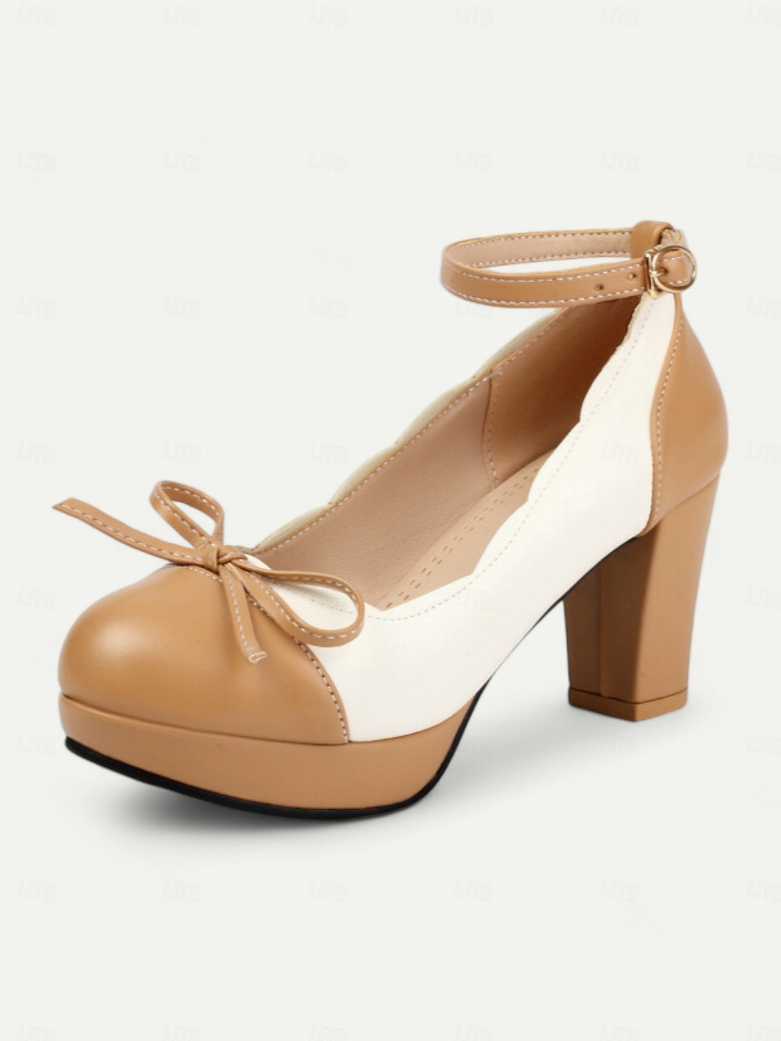 vintage tvåfärgade chunky klackar för kvinnor med ankelrem och rosettdetalj – skor i retrostil för speciella tillfällen 2025 - $59.99 –P4