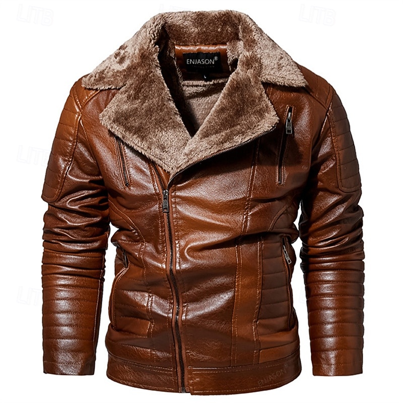 Herr Imitationsläderjacka Fleece-jacka Bikerjacka Motorcykeljacka Dagligen Semester Vindtät Håller värmen Ficka Höst vinter Slät Mode Klassisk Kavajslag Normal Svart Rubinrött Brun Kaffe Jacka 2025 - $86.99 –P13