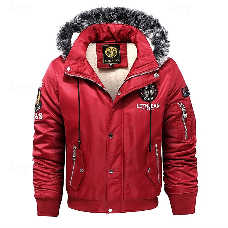 Herre Vinterfrakk Fleece-jakke Parkas Lomme Fleece Polyester Fleecefôr Dagligdagstøy Stevnemøte Feriereise Normal Mote Fritid Bekvem Hold Varm Høst vinter Bokstaver Svart Rød Blå Pufferjakke 2025 - $60.99 –P13
