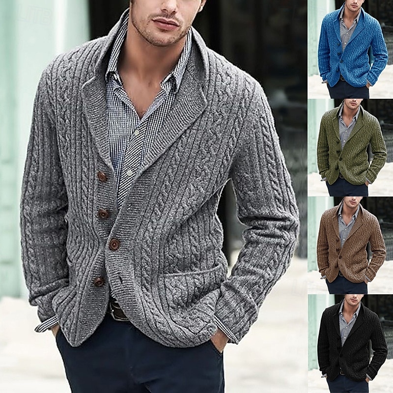 Men's Cardigan Sweater Knit Sweater Cable Knit Regular Button Up Side Pockets Solid Color Lapel Fashion Classic Daily Wear Date Clothing Apparel Fall & Winter Black Blue M L XL 2025 - $41.99 –P6