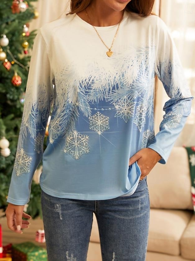 Sudadera de mujer con estampado de copos de nieve de invierno, manga larga, cuello redondo, azul degradado, informal, cómoda, ajuste regular, temporada festiva, top acogedor 2025 - $22.99 –P3