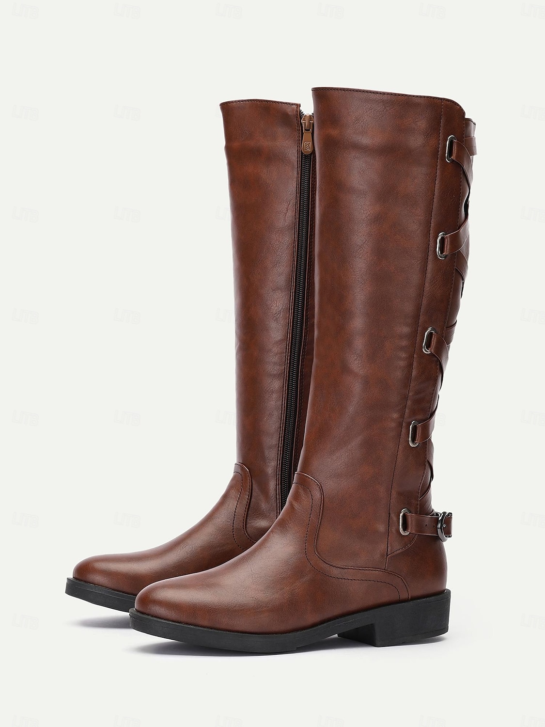 Botas de moto negras para mujer con cordones laterales y detalle de hebilla: elegantes botas de montar hasta la rodilla 2025 - $54.99 –P5