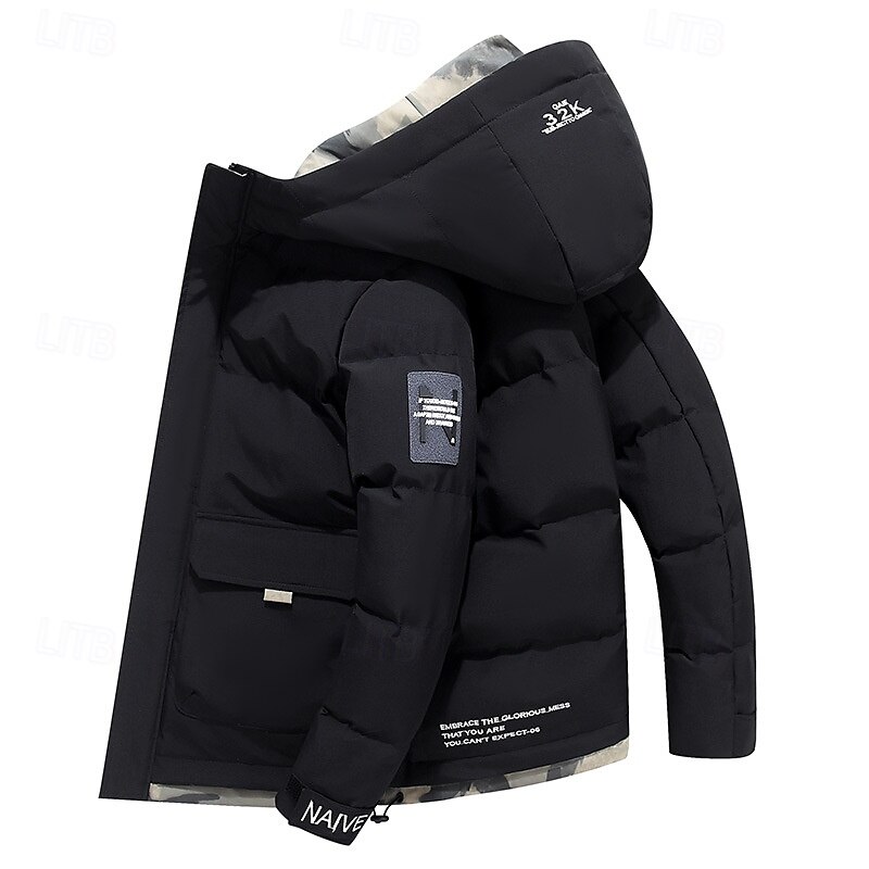 Herr Vinterkappa Pufferjacka Quiltad jacka Vadderad Huva Fritid Sport Utekväll Vindtät Höst vinter Enfärgad / vanlig färg Svart Blå Kaki Pufferjacka 2025 - $51.99 –P1