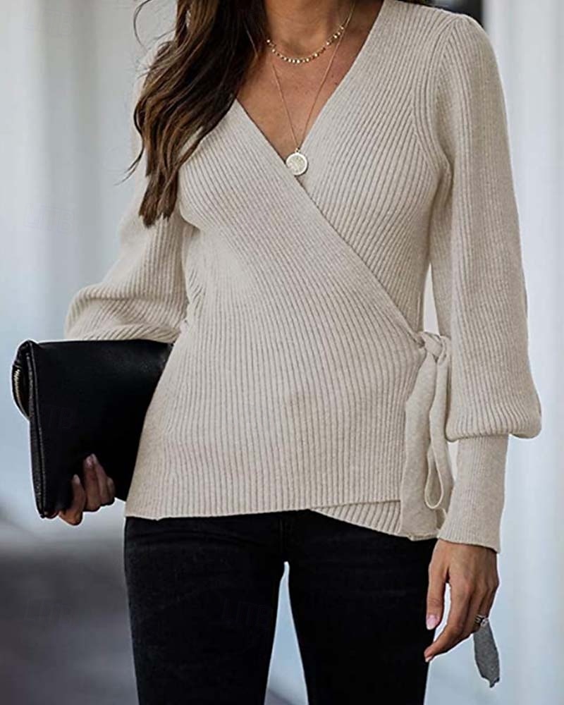 Per donna Felpa Elegante Di tendenza Giornaliero Tinta unica A coste A V Lavorato a maglia Manica a lanterna Manica lunga Top regolari Maglia Ufficio Nero Beige Autunno Inverno del 2025 a $58.99 –P8