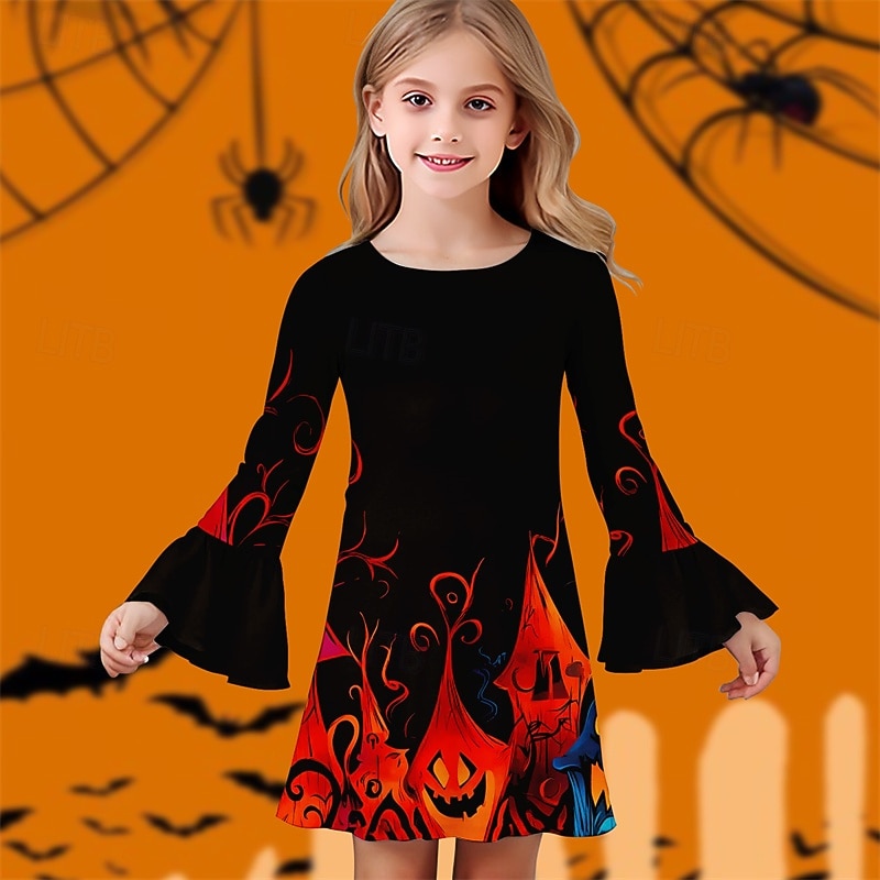 Halloween Tyttöjen 3D Kuvitettu Kurpitsa Mekko Ruffle mekko Pitkähihainen Kesä Kevät Päivittäin Pyhäpäivä Loma Kaunis Halloween Custom Lapset 4-12 vuotta Rento mekko Polvipituinen Polyesteri Normaali 2025 - $16.49 –P4