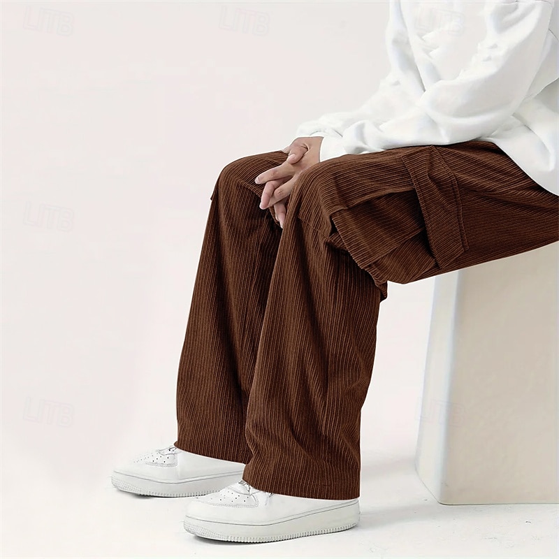Men's Cargo Pants Corduroy Pants Trousers Straight Leg Sweatpants Elastic Waist Drawstring Multi Pocket Plain Wearable Outdoor Daily Camping & Hiking Fashion Classic Black Army Green 2025 - GBP £19.65 –P18