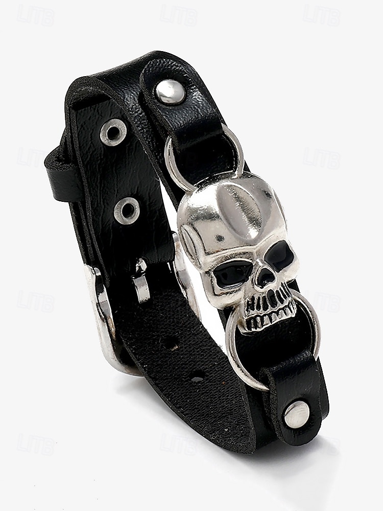 Men's Black Leather Bracelet with Silver Skull Charm – Gothic Punk Adjustable Wristband for Halloween and Biker Style 2025 - $9.99 –P5