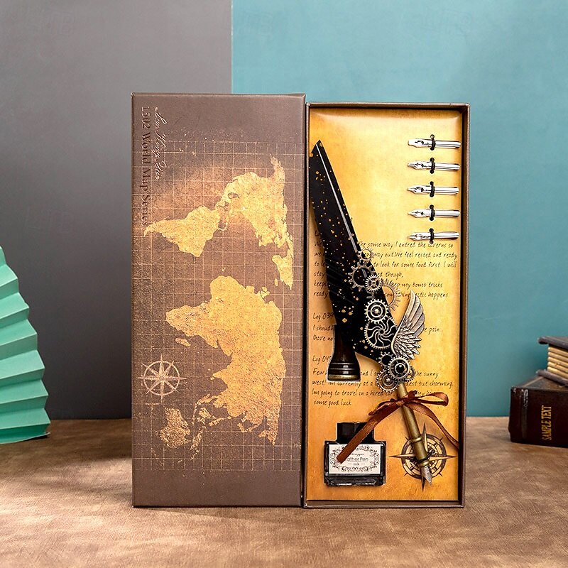 1 Set Geschenkbox, Federkiel, Kalligraphie-Stift und Tintenschreiber-Set, antikes Schreiben, Quilt-Tintenfeder, mechanisches Getriebe, Steampunk-Federkiel zum Zeichnen, Signieren und für 2025 - $28.99 –P6