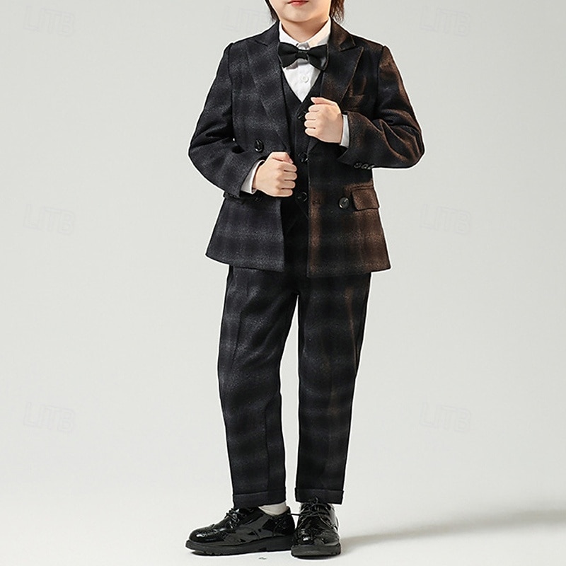 4 delar Ringbärarkostym Pojkar Barn Kostym Formell kostym Kostym och blazer Formellt set Formell Fest Mode Häftig Rutig Ficka Svart Kaffe Polyester 2025 - $88.99 –P5