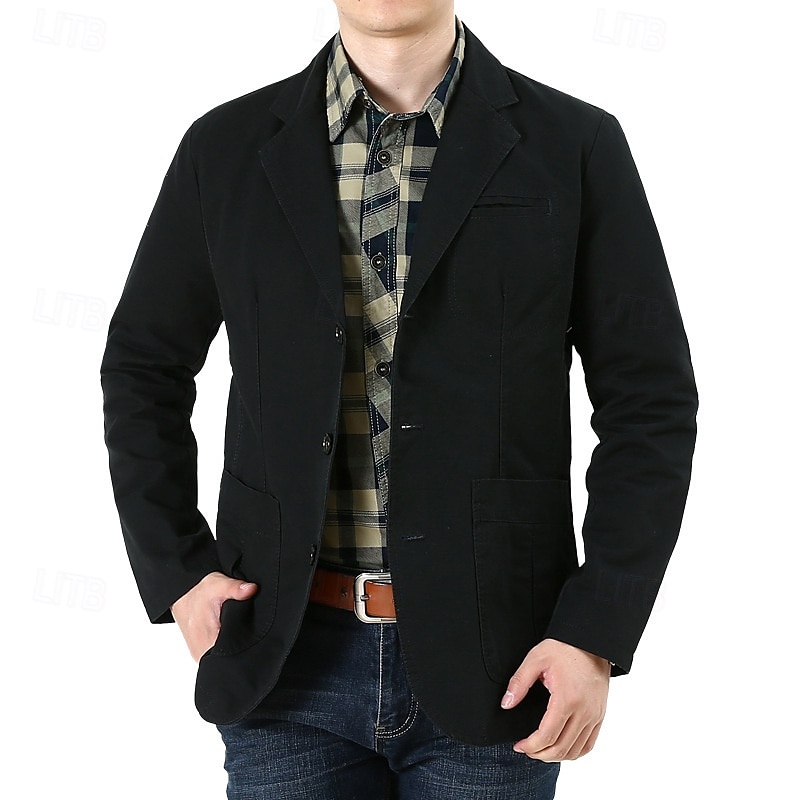 Herre Blazer Virksomhet Cocktailfest Bryllupsfest Mote Fritid Vår & Vinter 100 % bomull Helfarge Knapp Lomme Bekvem Enkeltkneppet Blazer Svart Grønn Kakifarget 2025 - $54.99 –P1