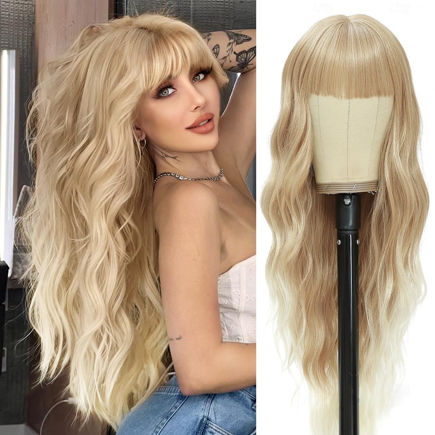 perruques longues avec frange pour femmes perruques de cheveux bouclés ondulés perruques en fibres synthétiques résistantes à la chaleur pour une utilisation quotidienne en soirée de 2025 ? $19.99 –P1