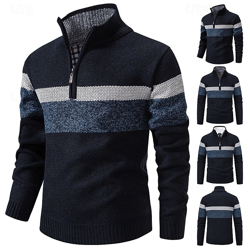 Men's Pullover Sweater Jumper Quarter Zip Sweaters Knit Sweater Ribbed Knit Regular Knitted Fleece Color Block Quarter Zip Fashion Basic Daily Wear Date Clothing Apparel Fall & Winter Navy Blue S M L 2025 - $35.99 –P1