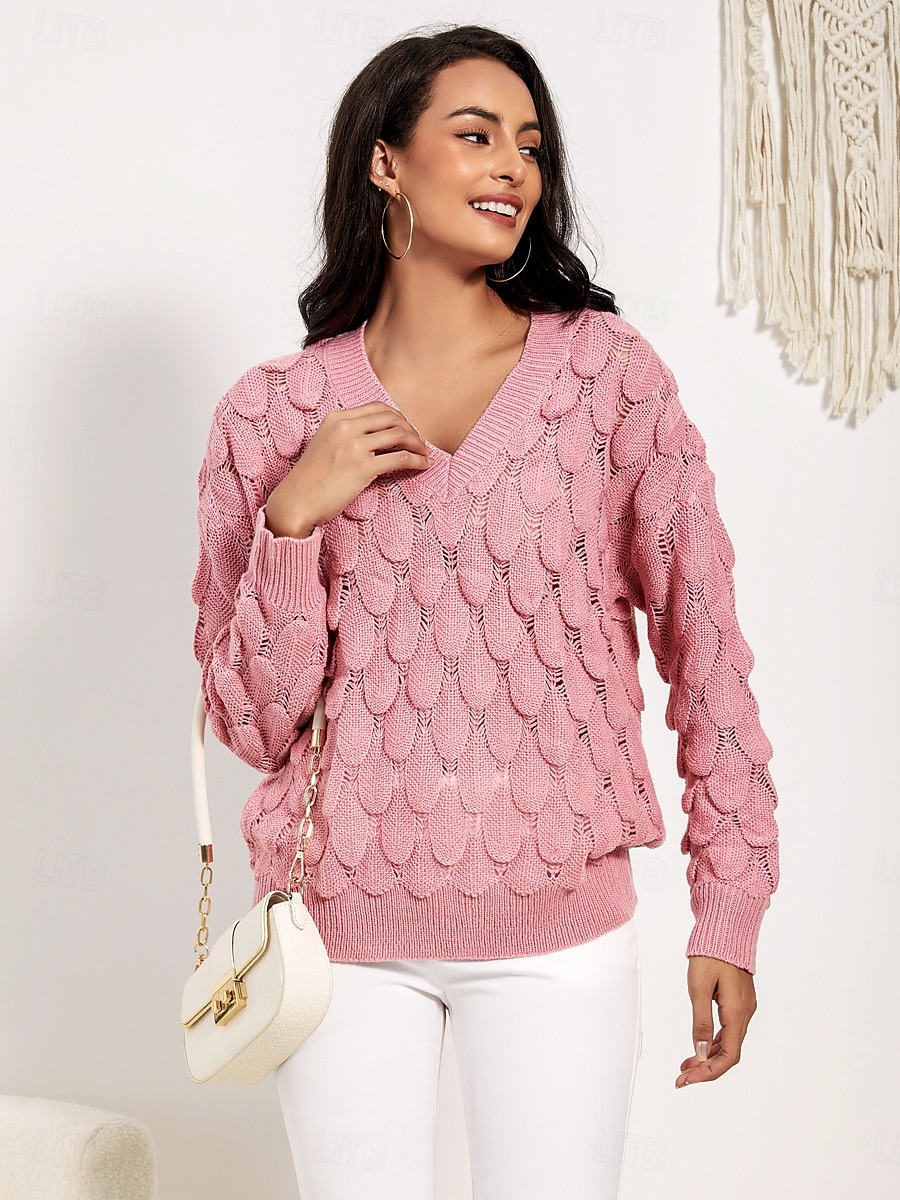 Damen Pullover Elegant Modisch Täglich Blumen V Ausschnitt Ausgehöhlt Langarm Normale Oberteile Stricken Arbeit Rosa Rote Herbst Winter 2025 - $48.99 –P4