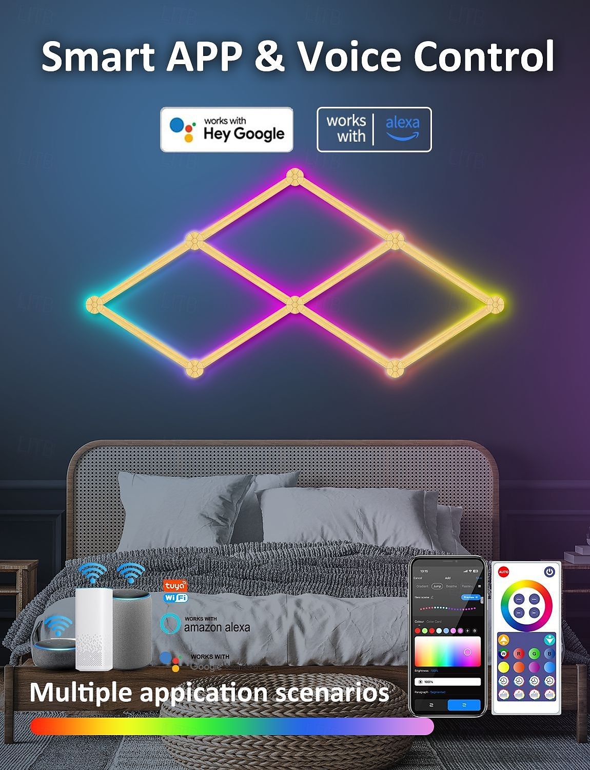 Светодиодный умный свет Tuya WiFi RGBIC интеллектуальная USB цветная сплайсинг LED настенный светильник умное Bluetooth соединение для киберспортивного освещения и декора настенных светильников 2025 - $118.99 –P4