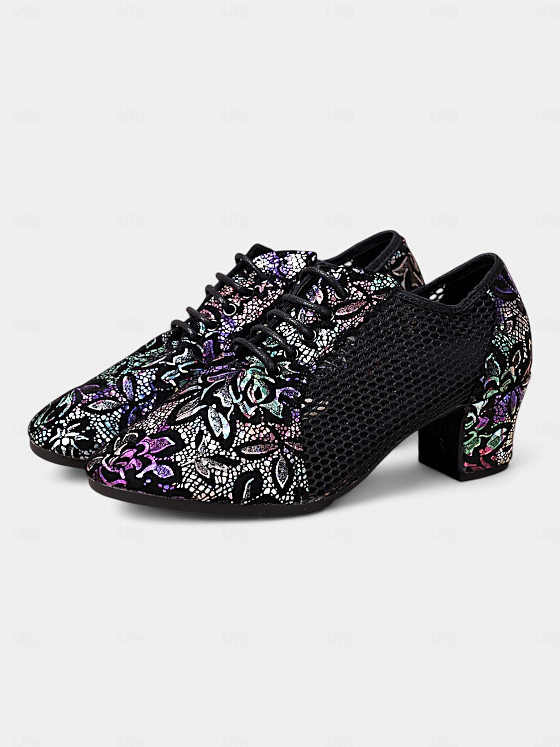 chaussures de danse à lacets en cuir noir pour femmes avec empiècements en maille et broderie florale, chaussures légères pour la danse de salon, latine et jazz de 2025 ? $46.99 –P2