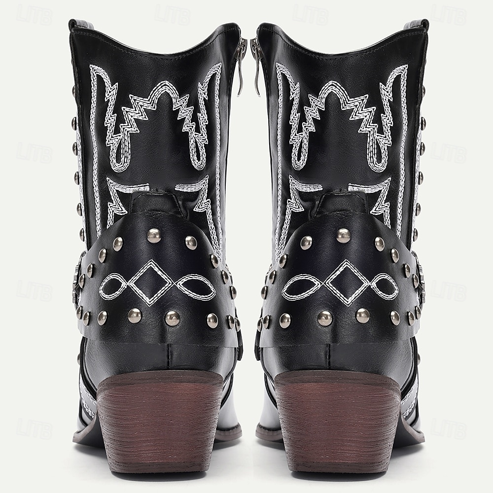 férfi western cowboy csizma díszített csatos pántokkal és szegecses dizájnnal - vintage stílusú műbőr bokacsizma rodeó és hétköznapi viselethez 2025 - $84.99 –P5