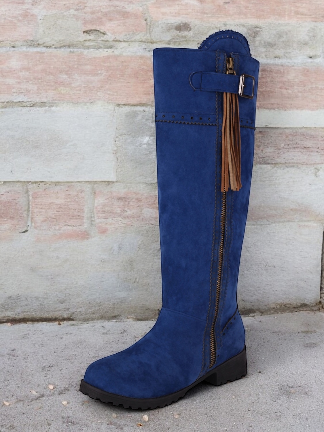 damskie niebieskie, zamszowe buty do kolan z bocznym zamkiem i frędzlami, styl vintage na jesień i zimę 2025 - $64.99 –P5