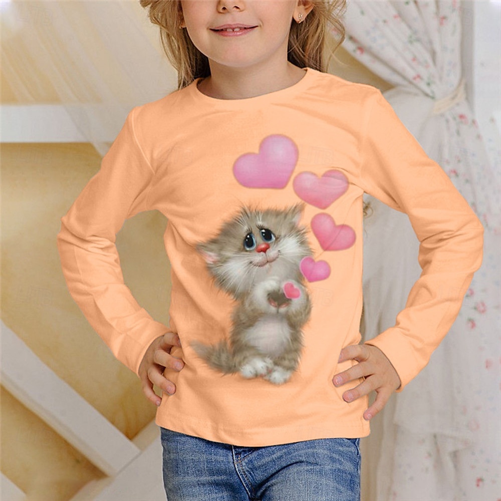 Flickor 3D Grafisk Djur Katt T-shirt Långärmad Vår Höst Mode Grundläggande Barn 4-12 år Rund hals Utomhus Ledigt Dagligen Normal 2025 - $13.99 –P5