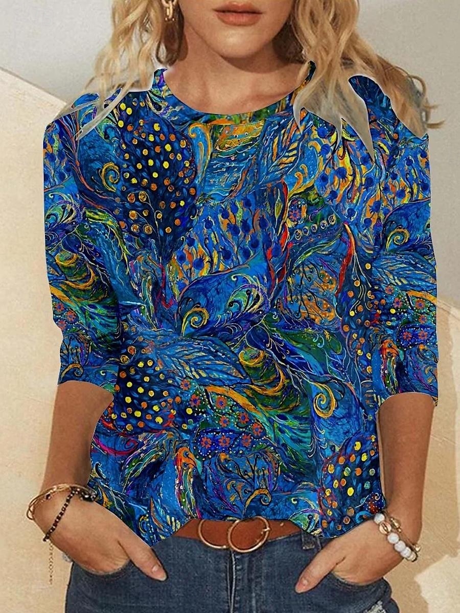 Tricou tunică pentru femei fashion casual imprimeu cu mânecă lungă regulat guler rotund zilnic albastru primăvară-toamnă 2025 - $22.99 –P1