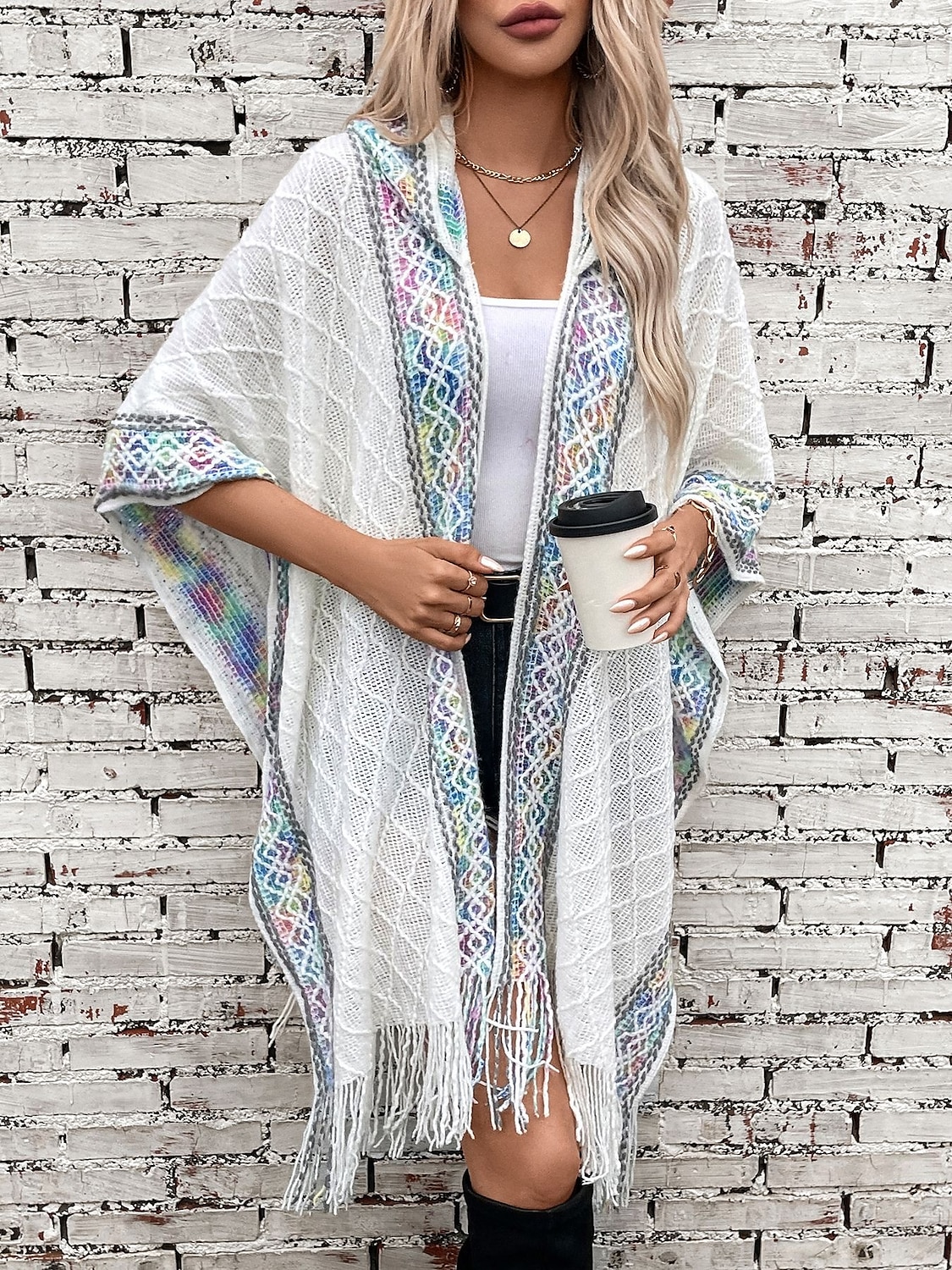 Per donna A mantellina Di tendenza Giornaliero Informale Pop art Con cappuccio Nappa Senza maniche Maglie lunghe Maglia Formale Esterno Fine settimana Nero Bianco Autunno Inverno del 2025 a $44.99 –P1